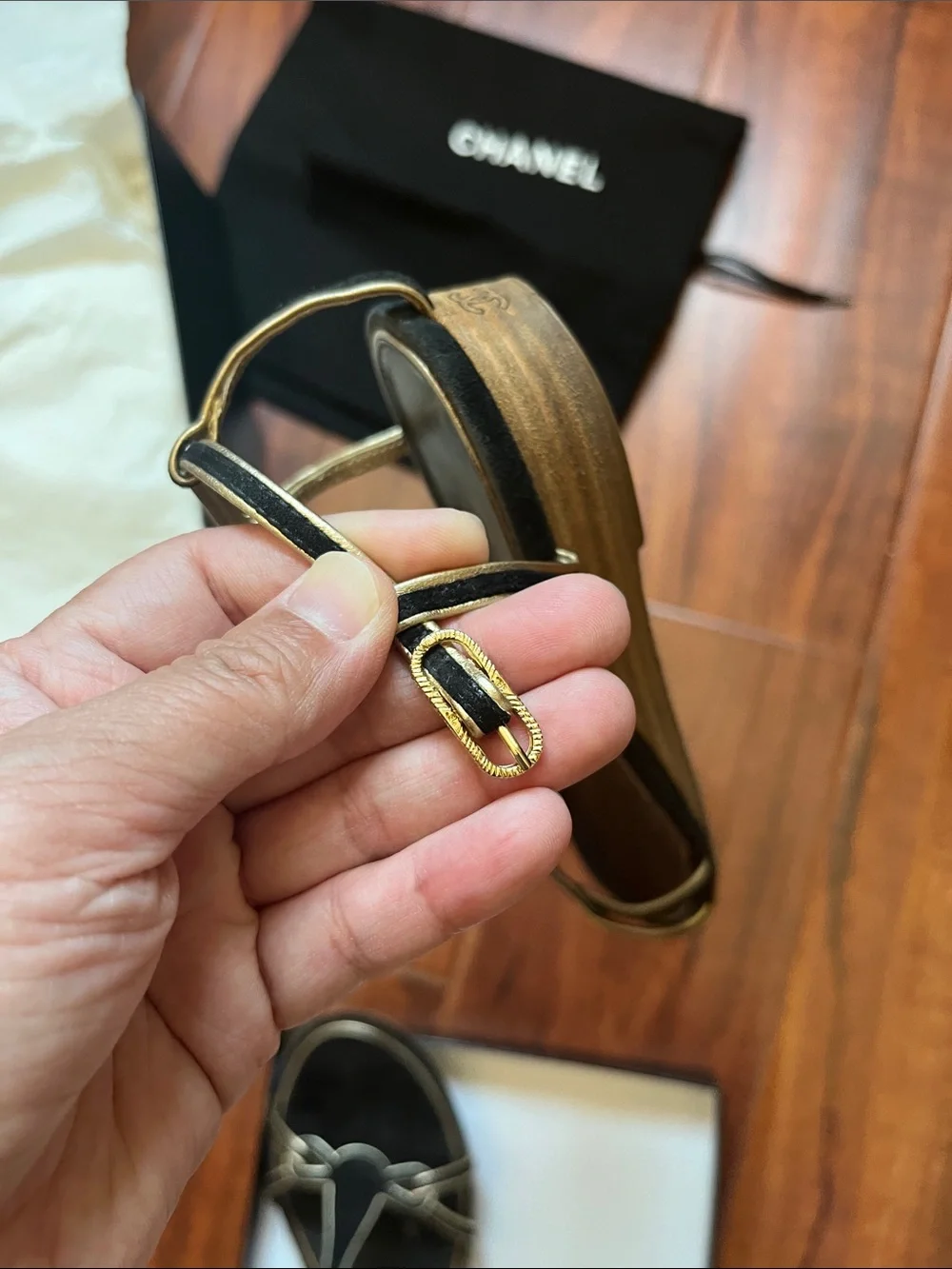 Chanel 2007 Black Suede & Gold CC Sandals Size 37